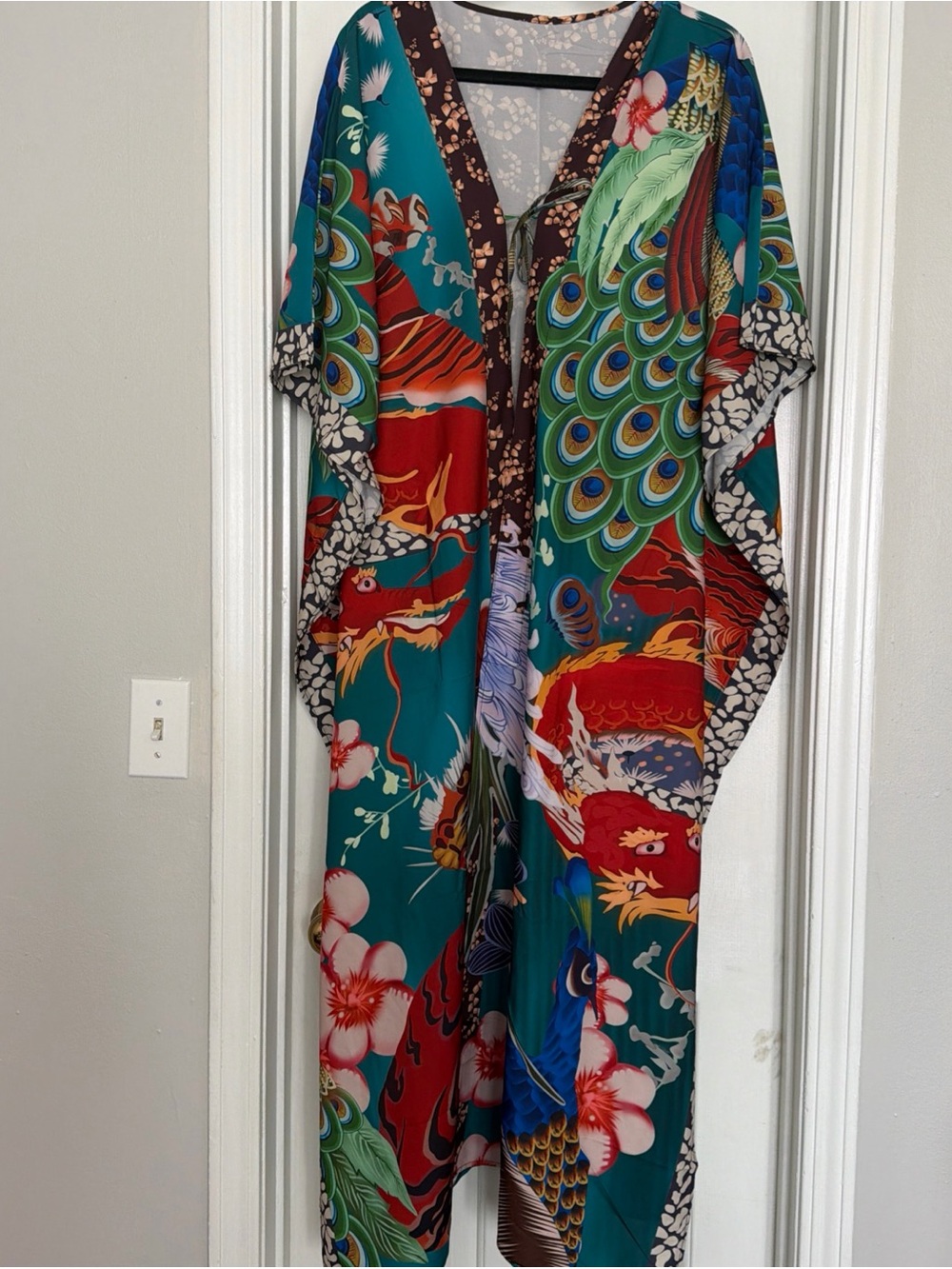 Teal Multicolor Floral & Peacock Print Kimono Robe